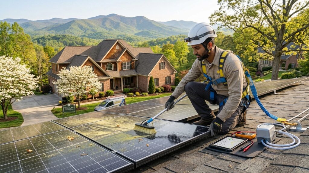 Solar panel maintenance Wilson NC with a professional technician cleaning residential solar panels