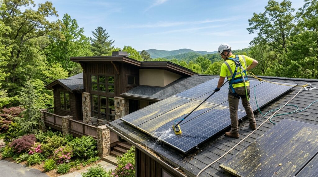 Professional technician performing solar panel maintenance by cleaning pollen, leaves, and dirt from rooftop solar panels on an Asheville home.