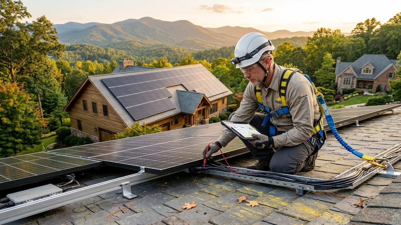 Solar technician performing solar panel maintenance by inspecting rooftop panels, mounting hardware, wiring, and inverter equipment at an Asheville residence.