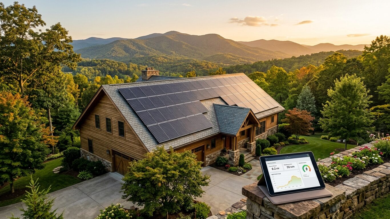 Solar panel maintenance in Asheville with clean residential solar panels receiving sunlight while system performance is professionally monitored.