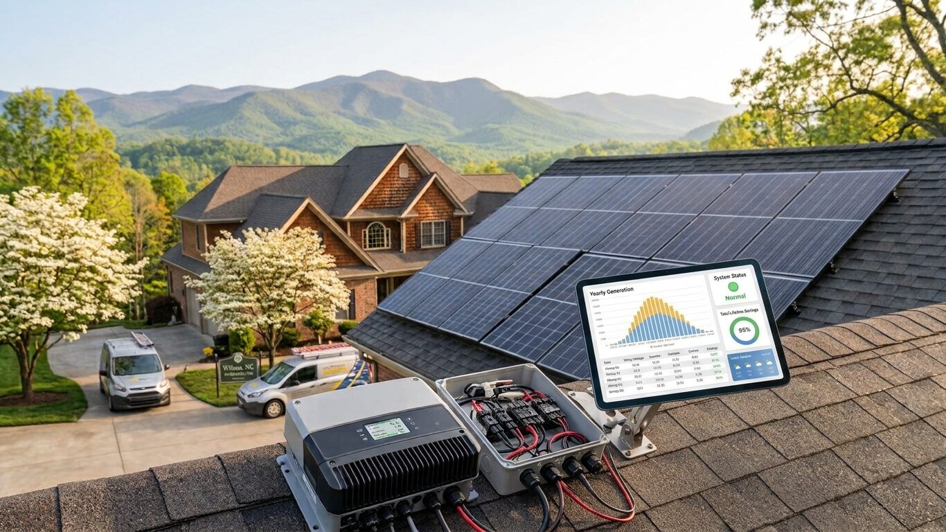 Solar panel maintenance Wilson NC with technician checking inverter and energy monitoring system