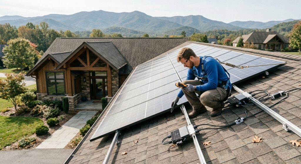 Solar Panel Inspection Services Weaverville technician checking rooftop solar panels