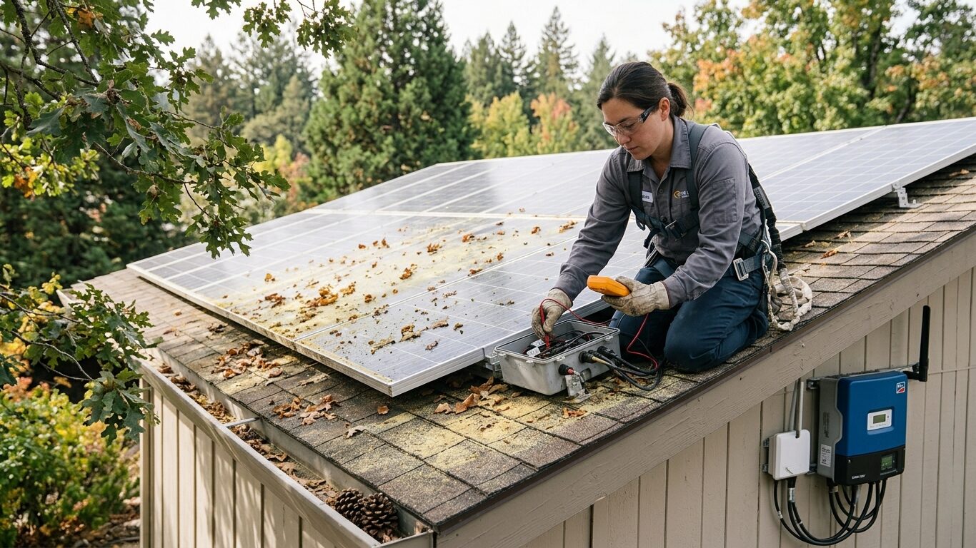 Solar Panel Inspection Services Weaverville technician checking weather damage and system performance