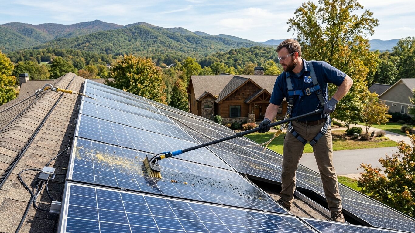 Professional Solar Panel Maintenance Asheville cleaning panels affected by pollen and debris
